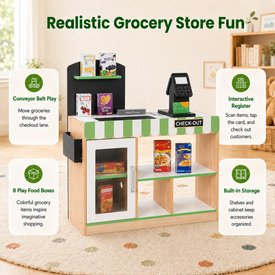 image 1 of Teamson Kids Cashier Interactive Play Checkout Counter Stand with 26 Accessories, Green/White