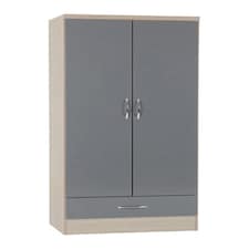 Nevada 2 Door 1 Drawer Wardrobe - L52 x W78 x H182.5 cm - Grey Gloss/Light Oak Effect Veneer | Grey