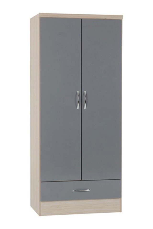 image 1 of Nevada 2 Door 1 Drawer Wardrobe - L52 x W78 x H182.5 cm - Grey Gloss/Light Oak Effect Veneer | Grey