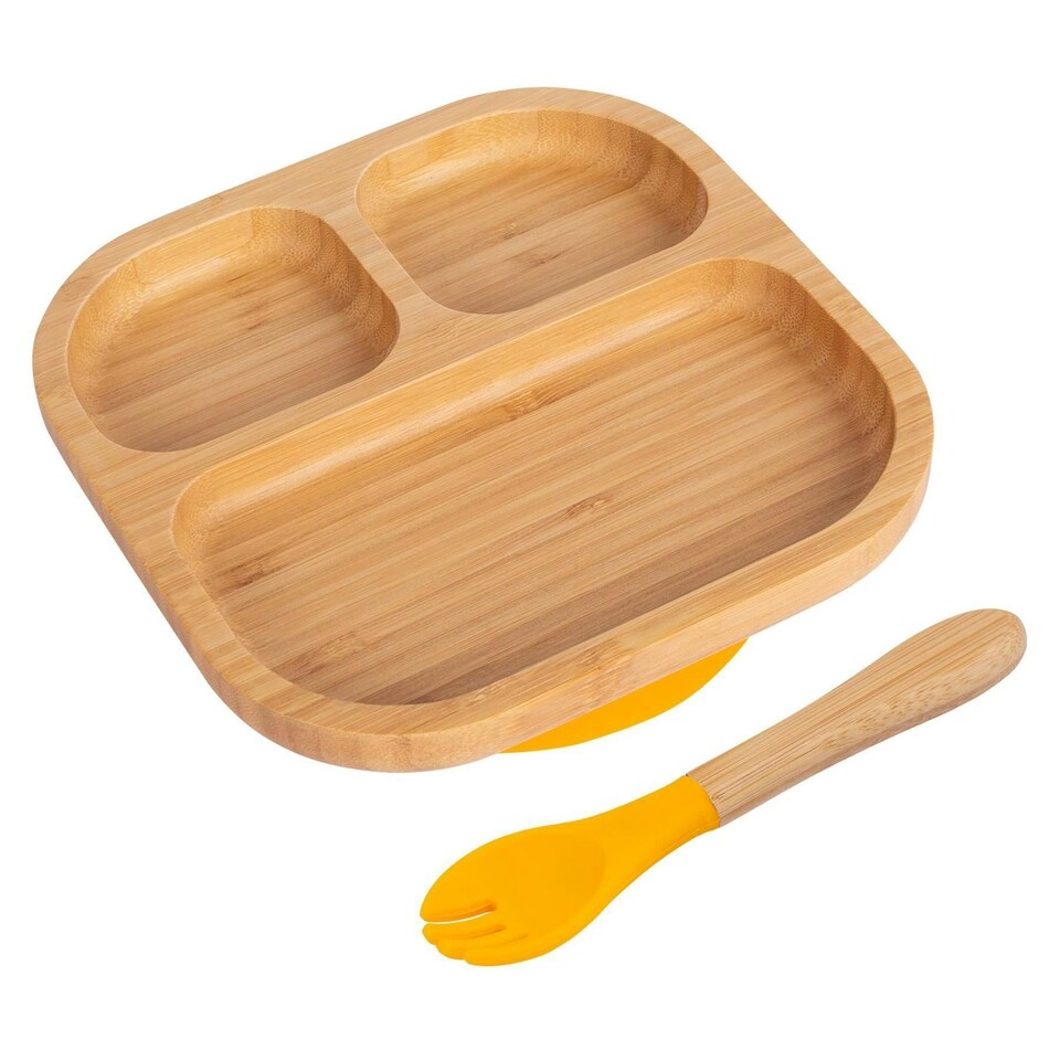 image 1 of Tiny Dining Bamboo Segmented Baby Weaning Plate & Fork Set - Yellow