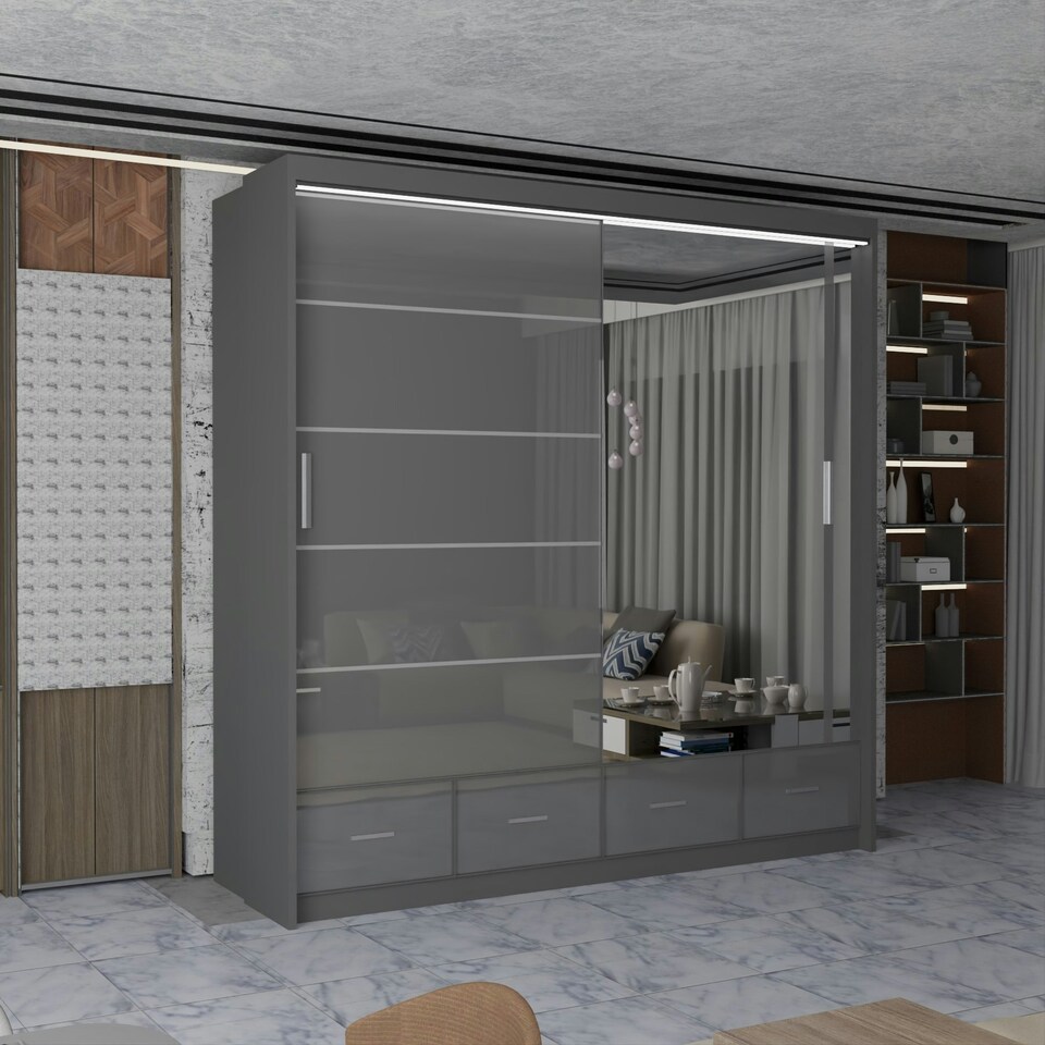 image 1 of Sleek High Gloss Sliding Wardrobe 203cm with Drawers | White/Black/Grey 2-Door Bedroom Storage Grey | Grey203cm