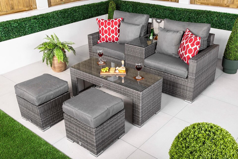 image 1 of Havana 2 Seat Modular Sofa Rattan Garden Balcony Furniture Set Outdoor Drinks Cooler Table, Coffee Table & Stools | Grey | Grey | Two Seater