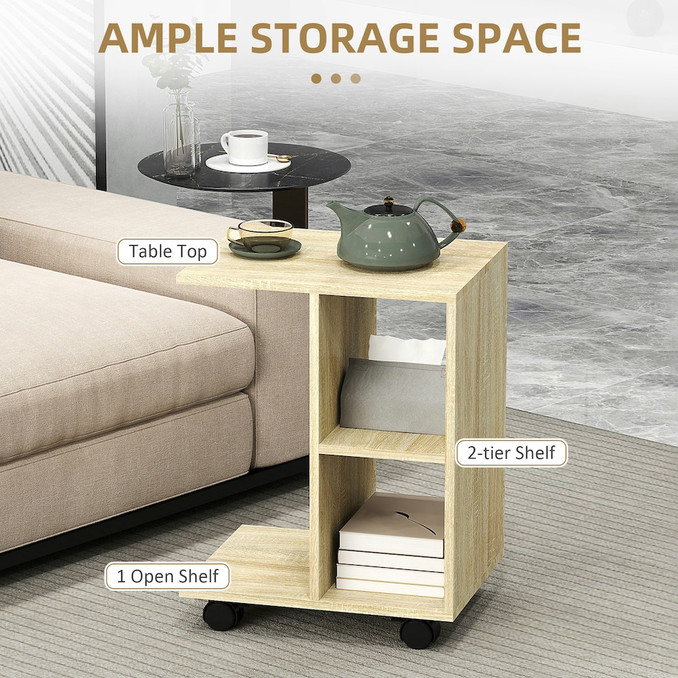 image 1 of HOMCOM C-Shape End Table Storage Unit w/ 2 Shelves 4 Wheels Black Yellow