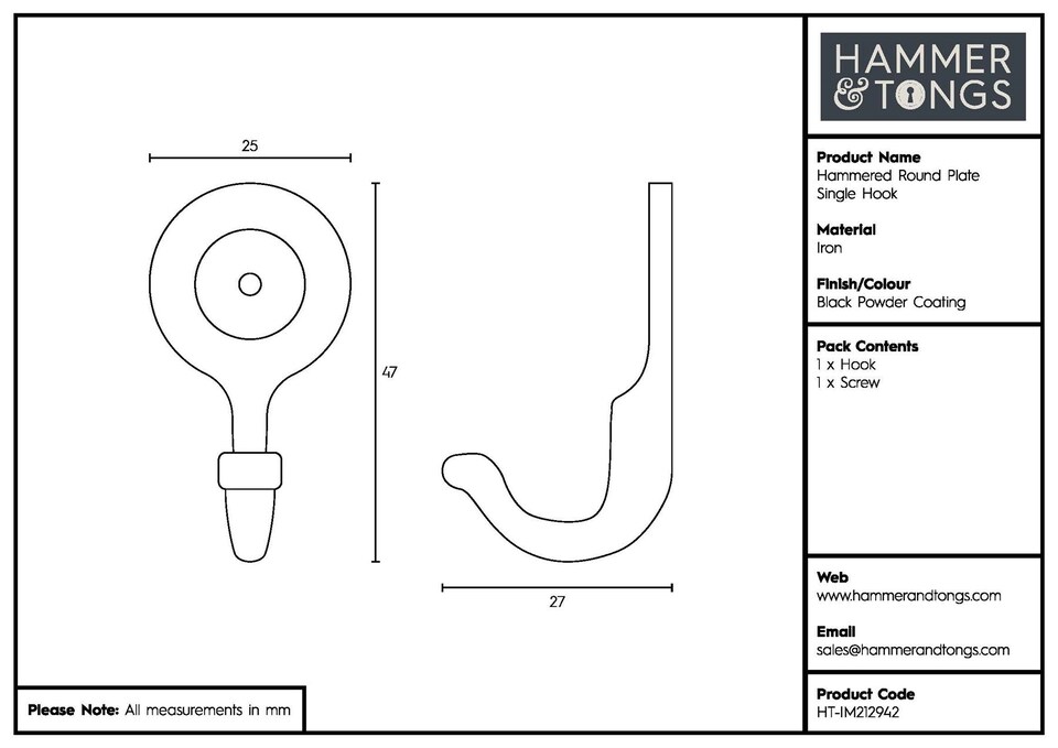 image 1 of Hammer & Tongs Hammered Round Plate Single Hook - W25mm x H45mm - Black
