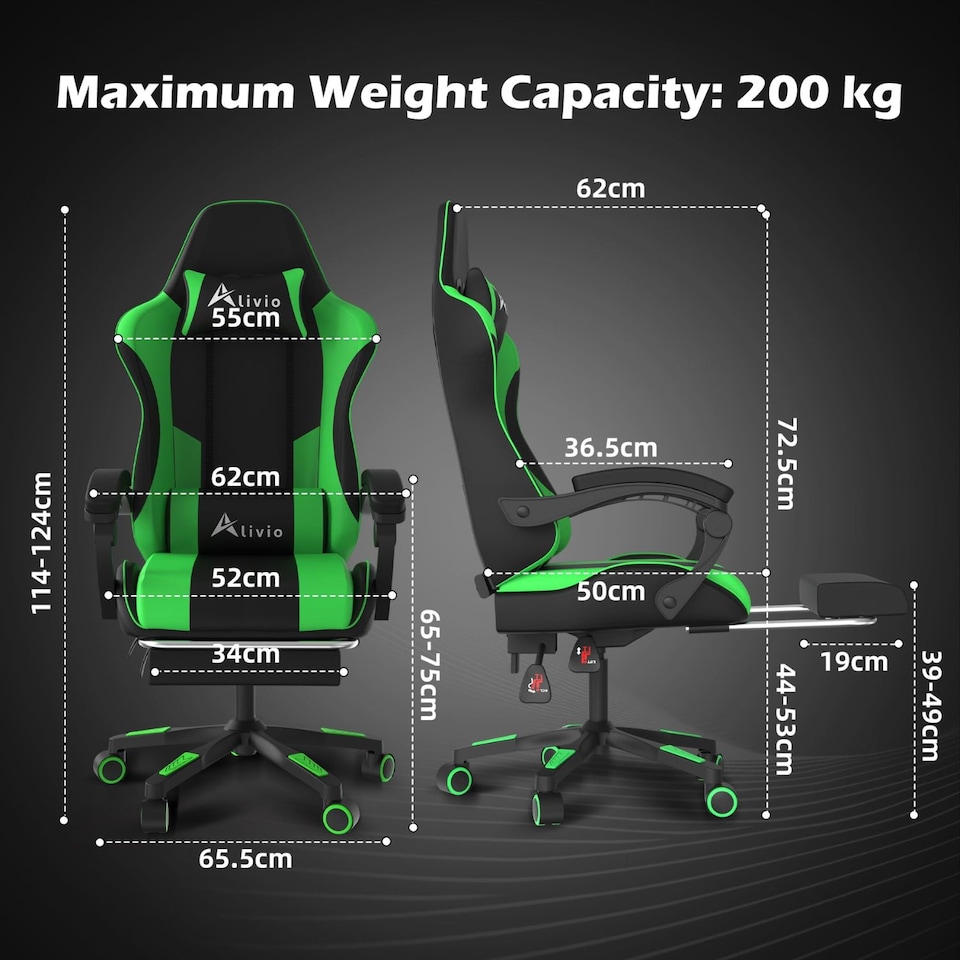 image 1 of Alivio Ergonomic Gaming Chair with Massage Lumbar Cushion & Retractable Footrest, PU Leather Video Game Chair (Green)