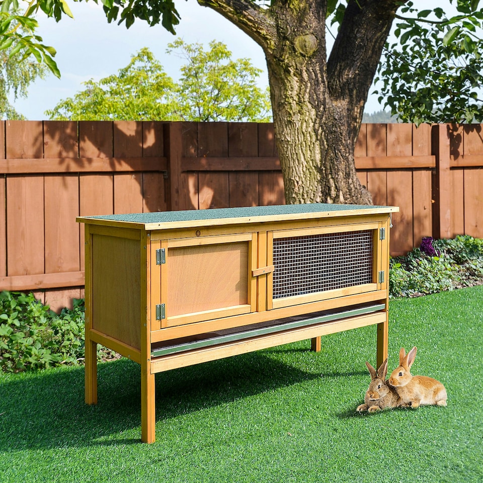 image 1 of PawHut Wooden Rabbit Hutch Bunny Cage Outdoor Small Animal House w/ Hinged Top