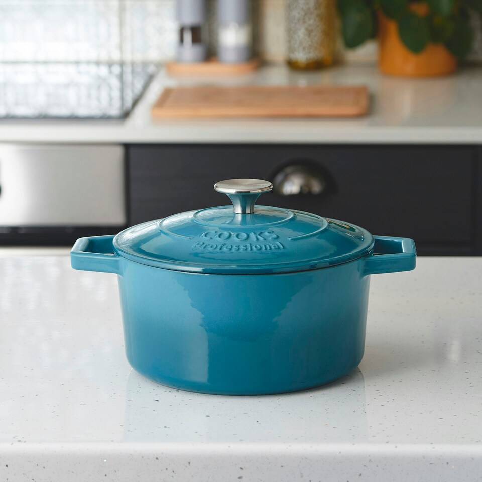 image 1 of Cooks Professional Cast Iron Casserole Set of 3 | 20cm, 26cm and 28cm | Enamelled Inside and Out | Graduated Teal