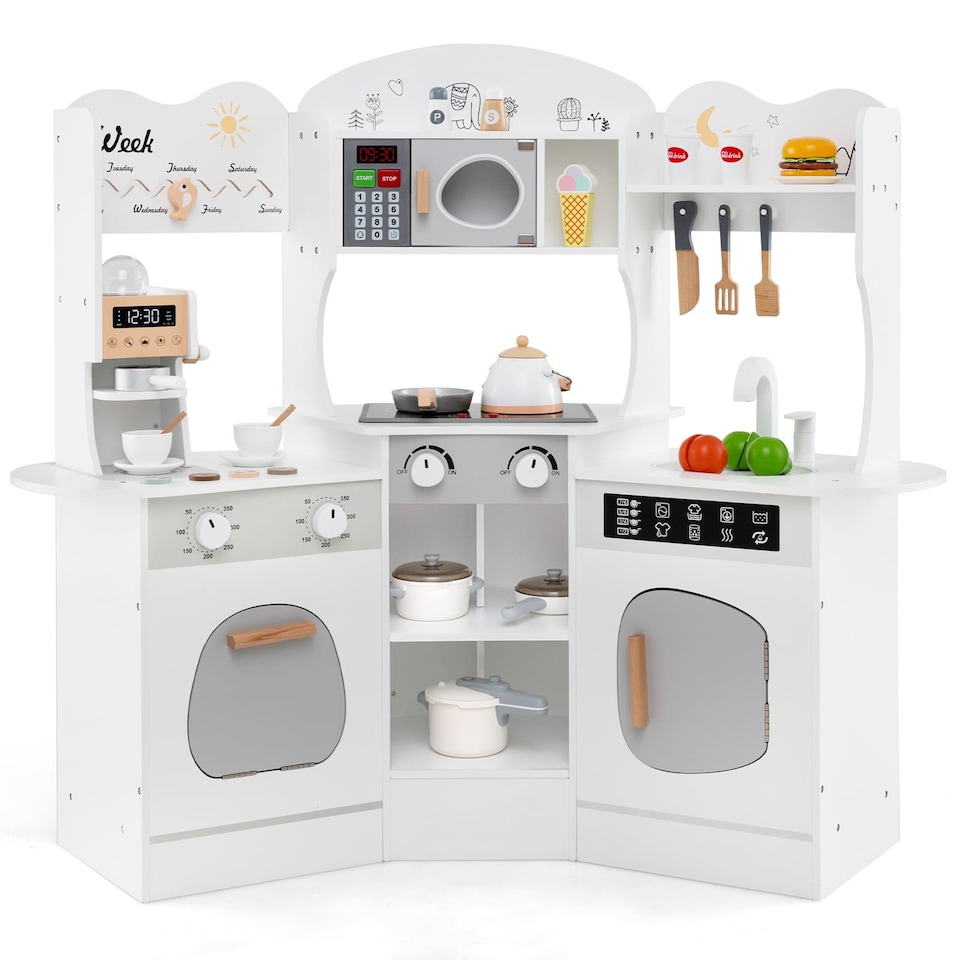 image 1 of COSTWAY Corner Wooden Play Kitchen Toddler Kitchen Playset w/Sounds-White