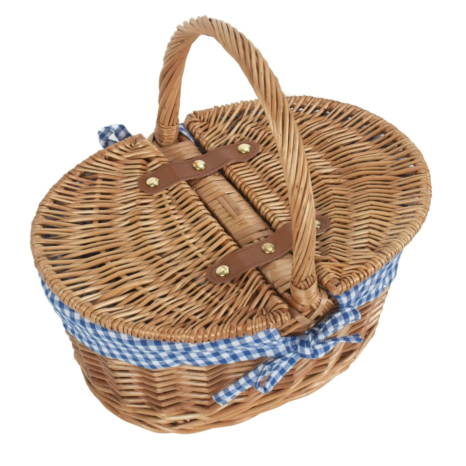 image 1 of Light Steamed Finish Check Oval Wicker Basket with Lining | Blue | Blue and White Checked | One Size