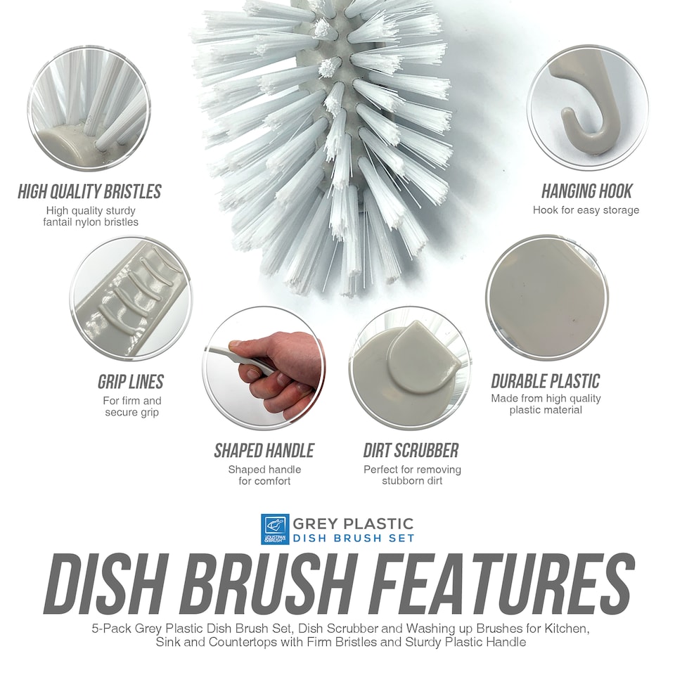 image 1 of Fantail Dish Brushes Firm Bristle Kitchen Washing Up Dish & Sink Scrubbers Long Handle - Pack of 5