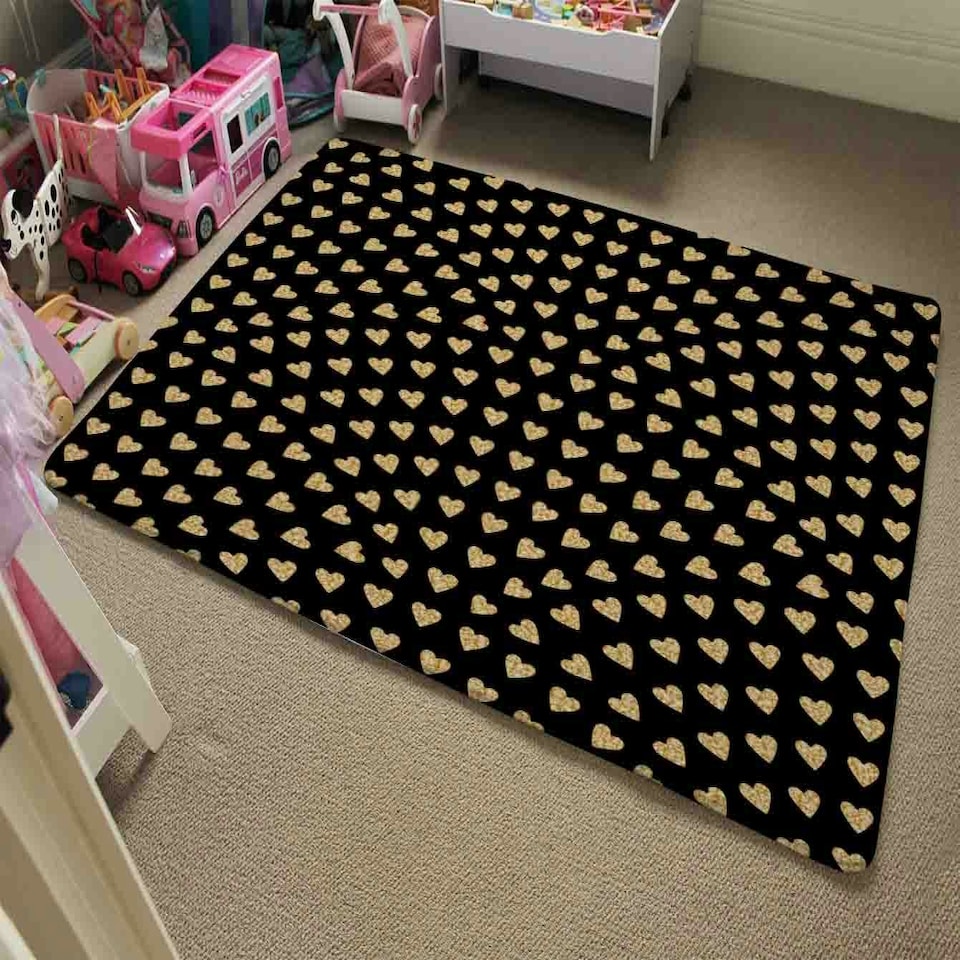 image 1 of Geometric Glitter Love Hearts (Rug) Black | Small: 60x110cm
