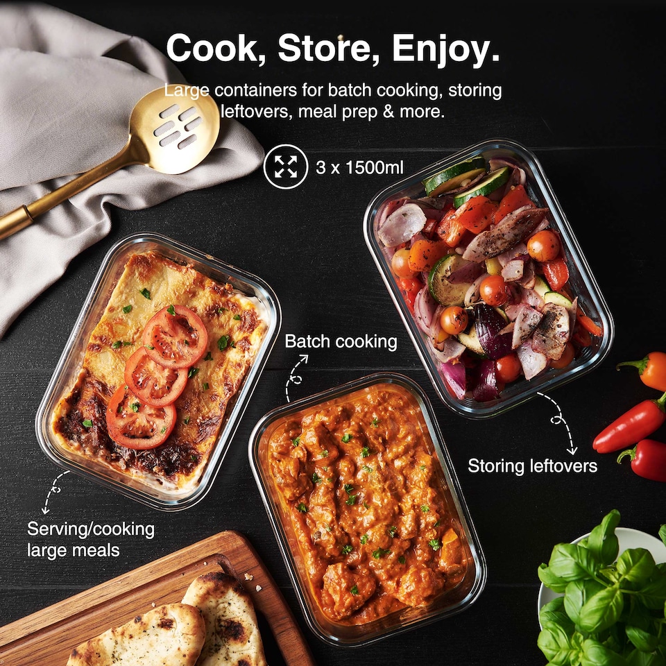 image 1 of VonShef 3 Piece Meal Prep Food Lunch Boxes 1.5L Airtight Glass Containers with Lids