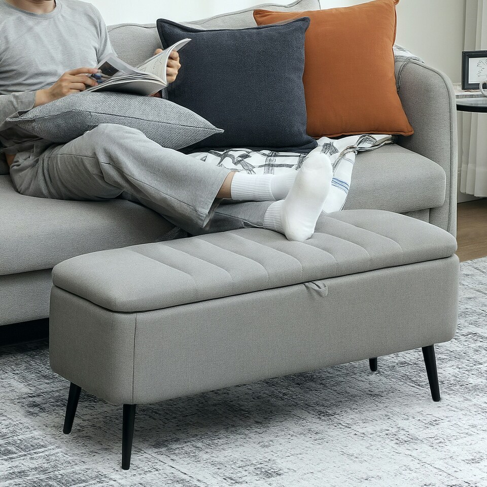 image 1 of HOMCOM Storage Ottoman Bench, Linen Fabric Footstool with Steel Legs Grey