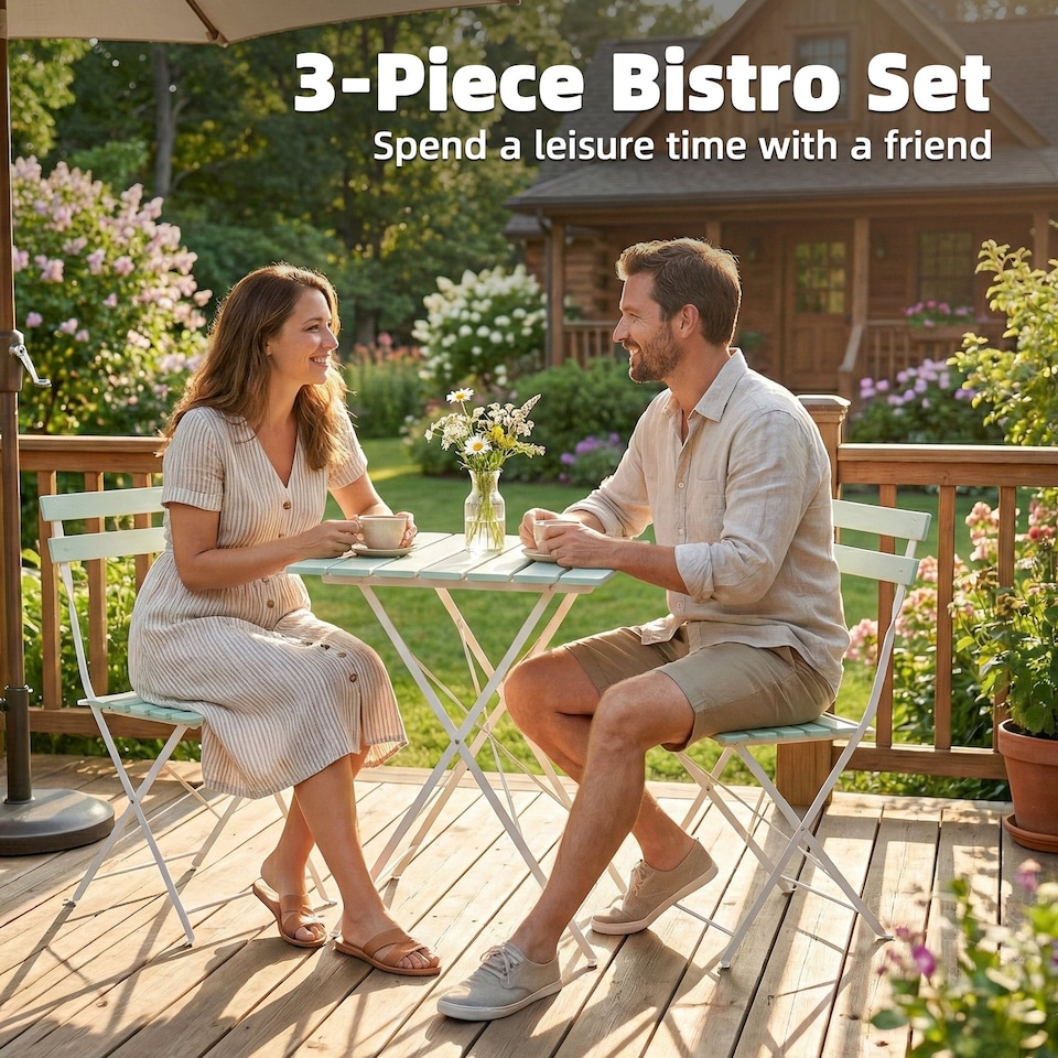 image 1 of Outsunny Outdoor Bistro Set Folding for 2 People White Green | Green | Natural green | Table: 55 x 55 x 71 cm; Chair: 39 x 48 x 80 cm