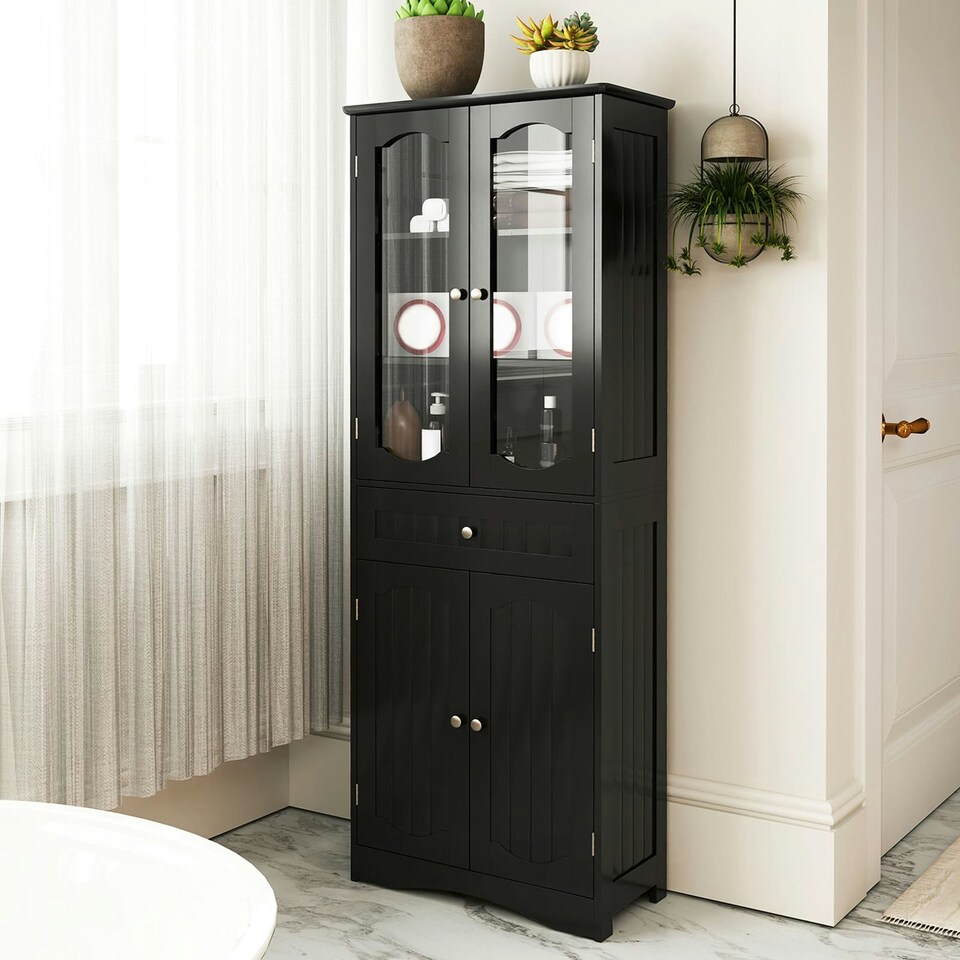 image 1 of COSTWAY 160cm Bathroom Storage Cabinet Freestanding Black Black