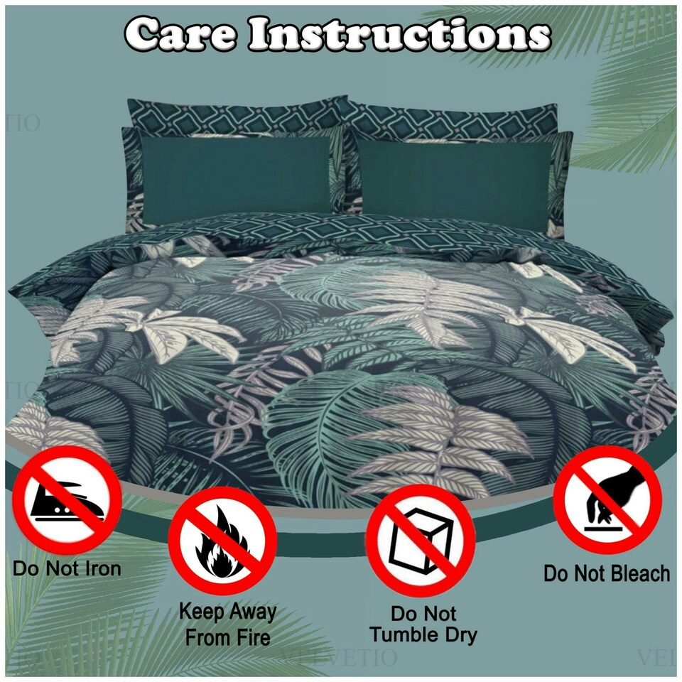 image 1 of VELVETIO Palms Complete Duvet Cover Set with Fitted Sheet Breathable Bedding Quilt Green | King