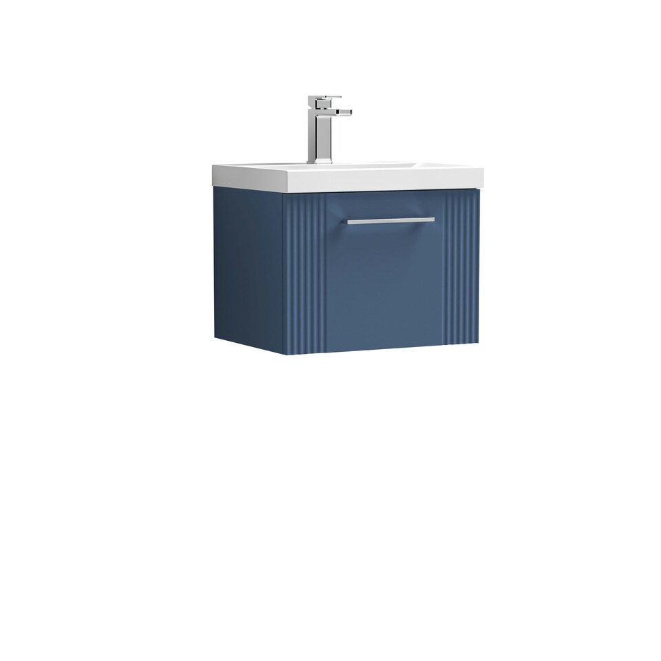 image 1 of Retro 1 Drawer Wall Hung Vanity Unit with Thin-Edge 1 Tap Hole Ceramic Basin - 500mm - Satin Blue - Balterley Blue