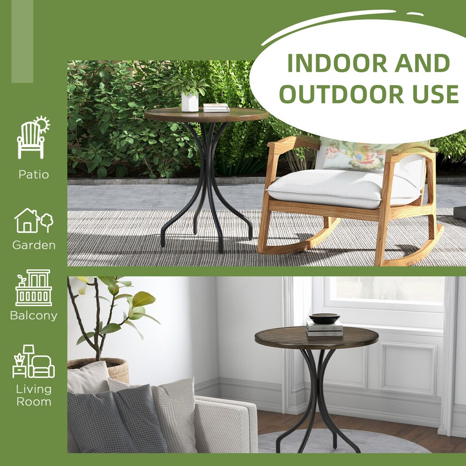 image 1 of Outsunny Round Garden Table Outdoor Side Table with Steel Frame Brown | Brown | Brown Wood Grain