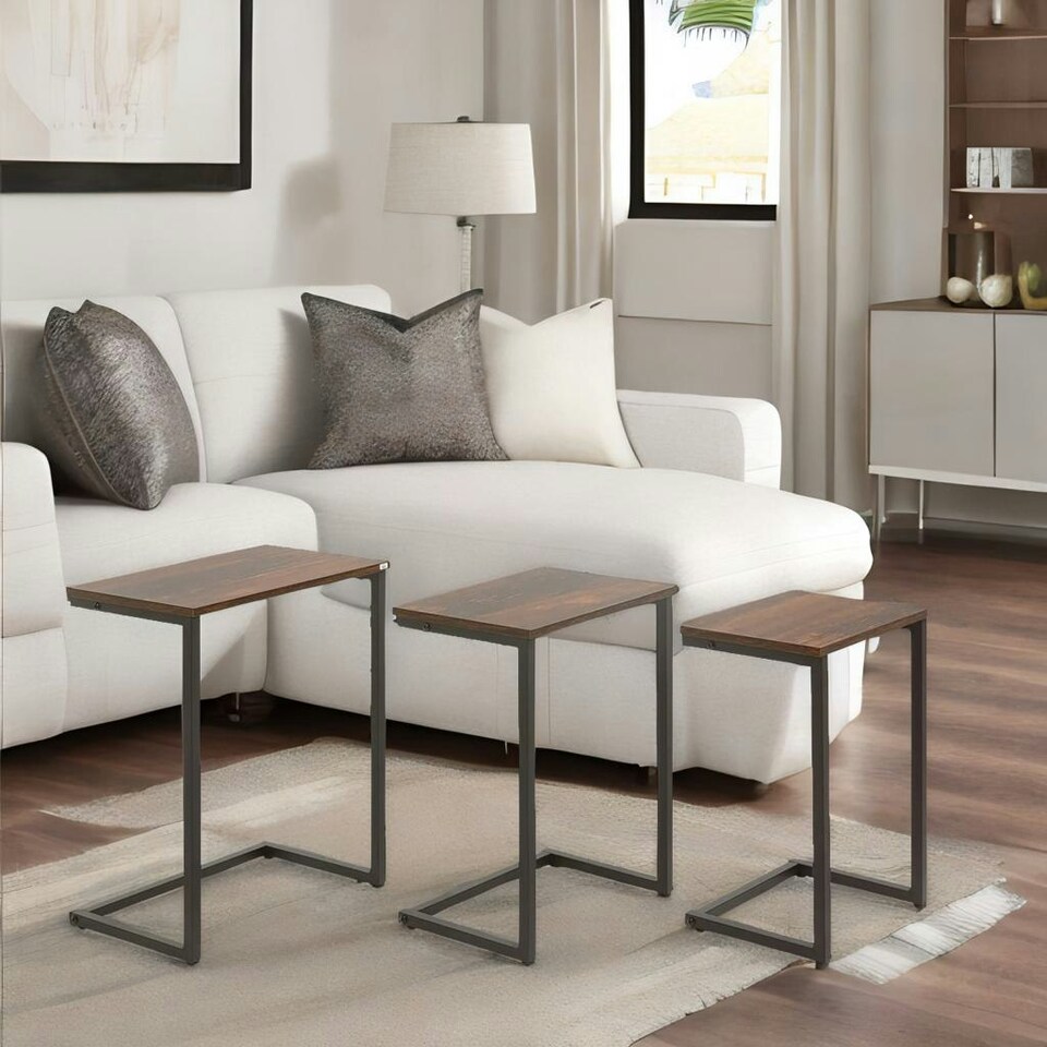 image 1 of Set Of 3 C-Shaped Nesting Tables Rustic Brown Brown