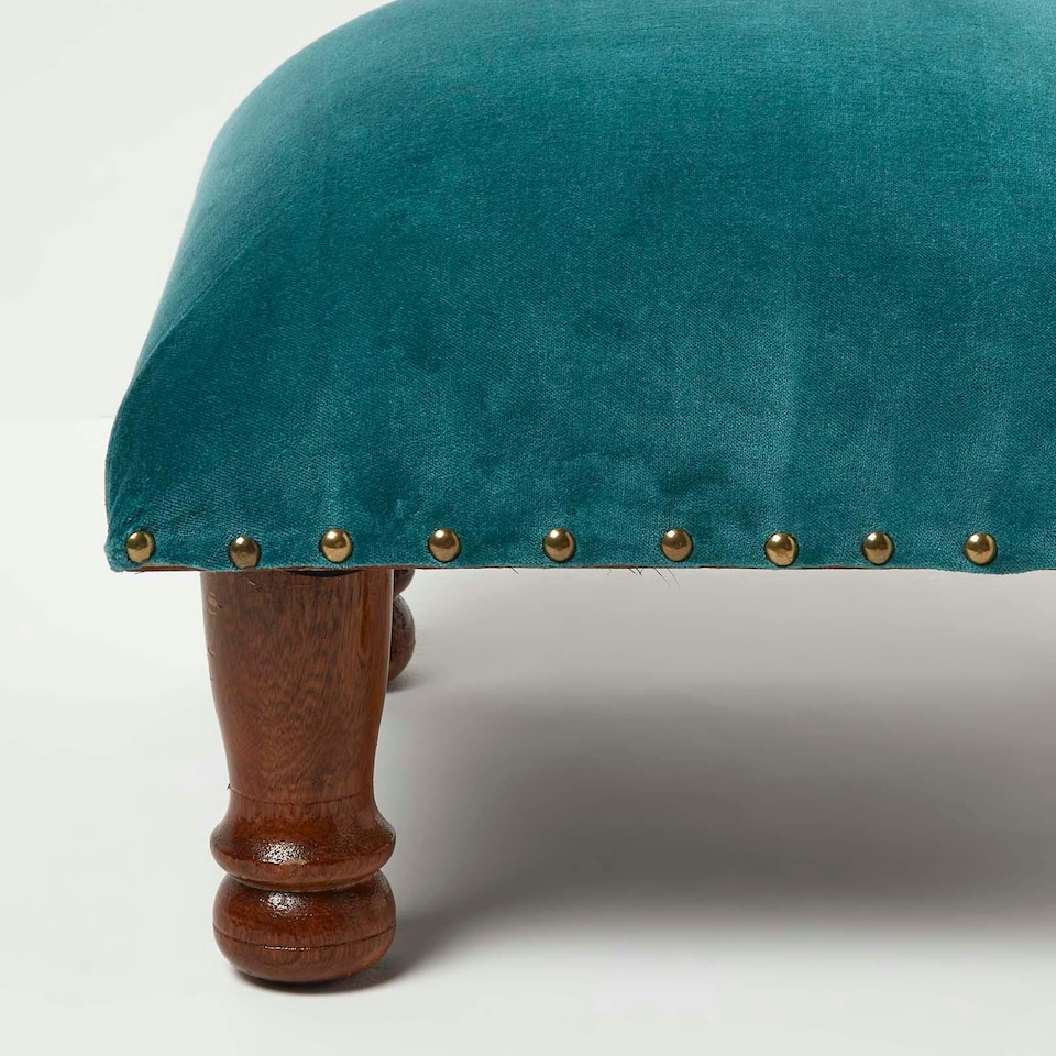 image 1 of Homescapes Mable Teal Green Velvet Square Footstool