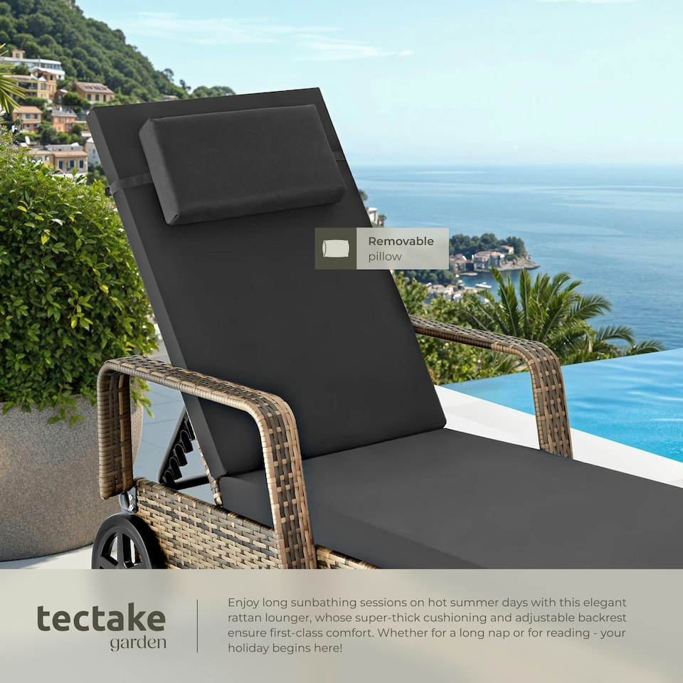 image 1 of Sun Lounger - 6-position backrest, weather & UV-resistant, soft pillow, two wheels Brown | Nature/Dark Grey