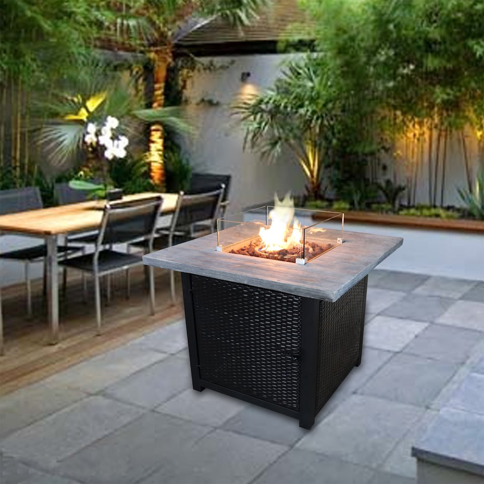 image 1 of Teamson 86cm Outdoor Gas Fire Pit Table with Glass Wind Guard & Lava Rocks