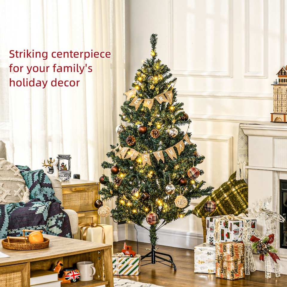 image 1 of HOMCOM 5ft Pre Lit Artificial Christmas Tree Holiday Decor with 100 Warm White LED Lights and 472 Tips, Banner, Ball, Tag, Tree Decoration, Auto Open