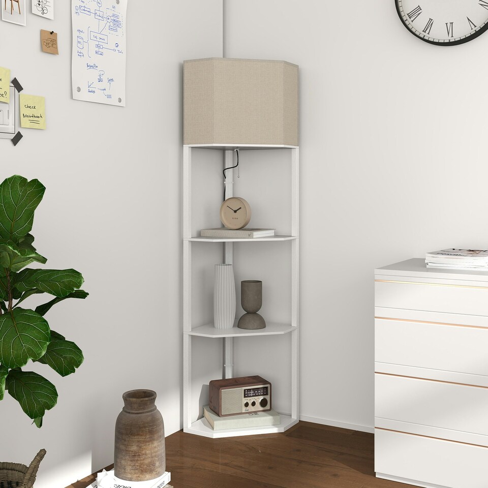 image 1 of HOMCOM Corner Modern Floor Lamp with Shelves for Living Room, Bedroom, White