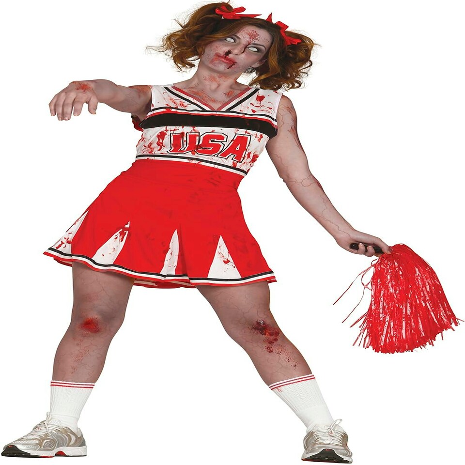 image 1 of Fancy Dress Adult Zombie Cheerleader Red White - L