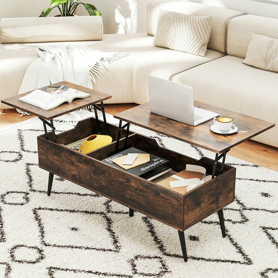 image 1 of COSTWAY Lift Top Coffee Table w/Storage Compartments Brown Brown