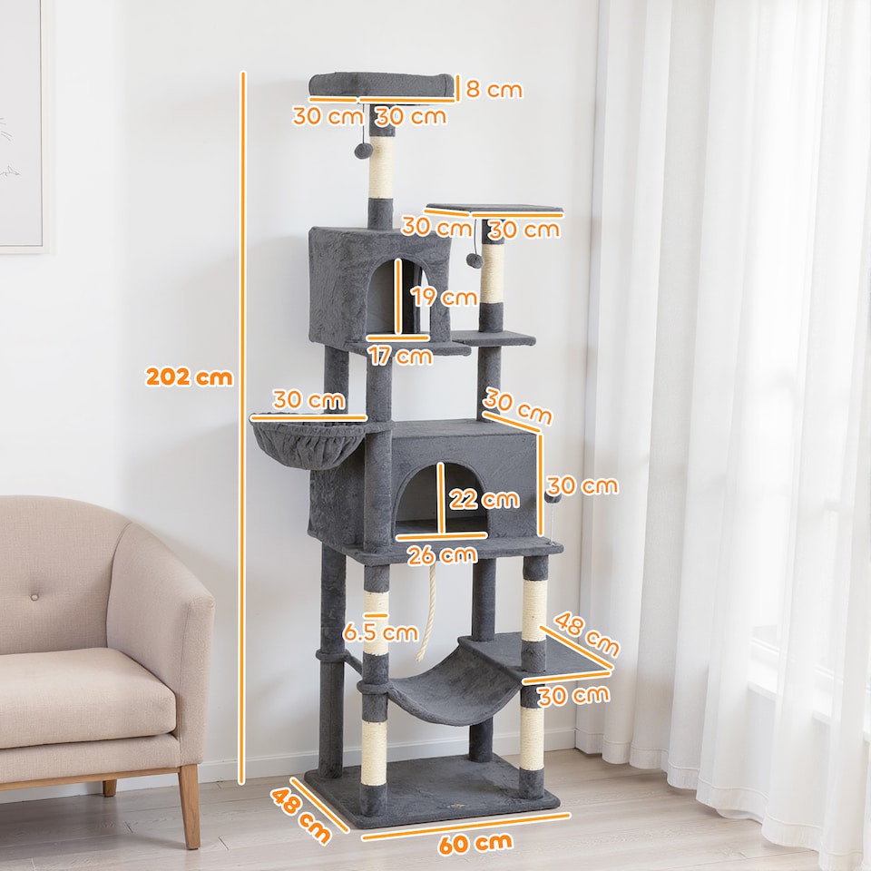 image 1 of PawHut Cat Tree, 202cm Large Cat Tower for Indoor Kittens with 6 Scratching Posts, 2 Condos, 2 Perches, 2 Hammocks, Pompoms, Multi-Level Plush Kitty Activity Centre for Rest and Play, Dark Grey