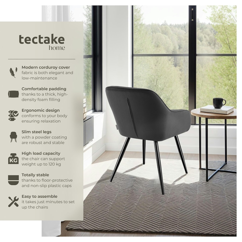 image 1 of Dining Chair Marilyn - corduroy look, upholstered, armchair, continuous backrest - Set of 4 Grey | Anthracite/Black