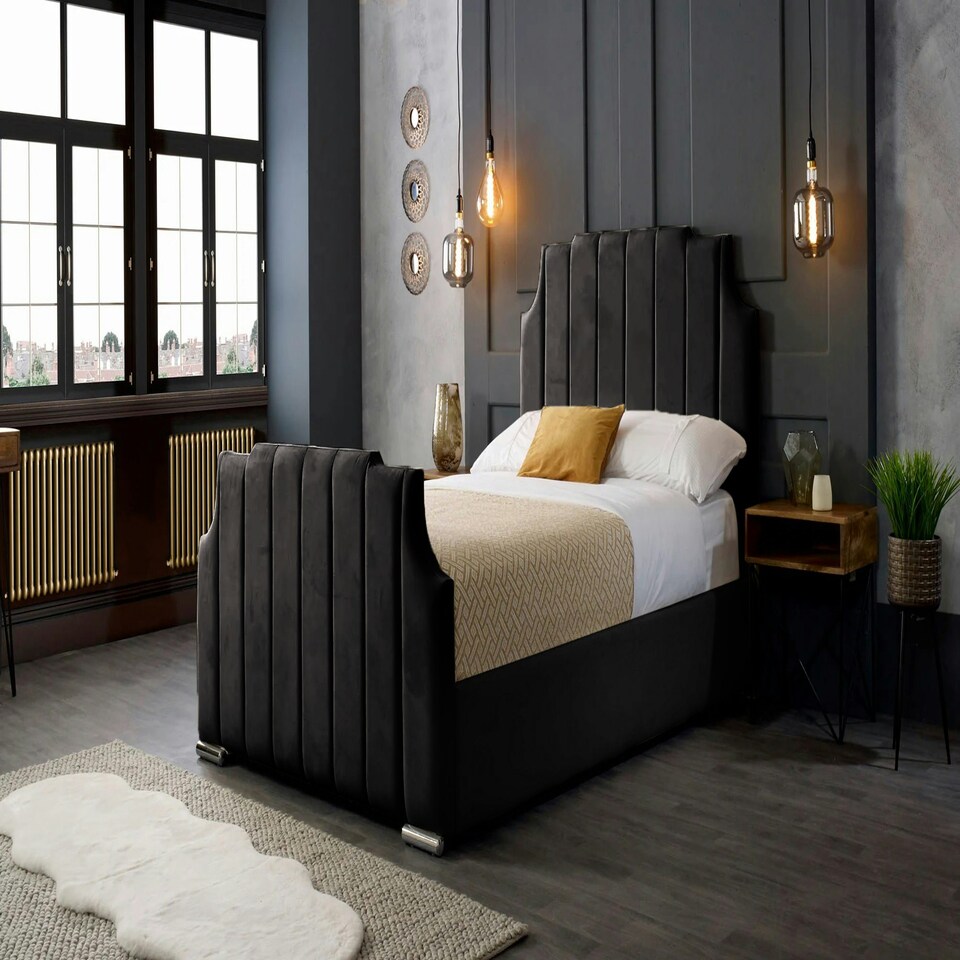 image 1 of Nelson Plush Black King Bed Frame - Black