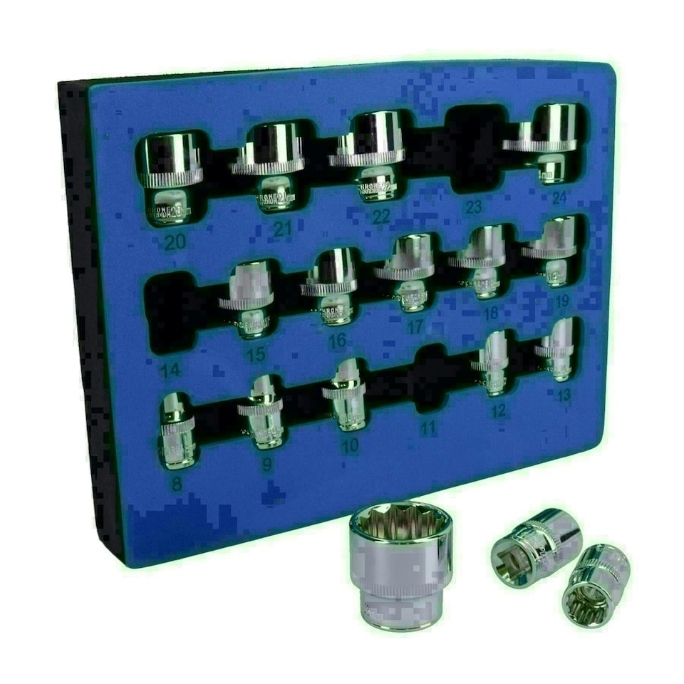image 1 of 3/8" Drive Shallow Metric MM Shallow Sockets Bi-Hex 12 Point 8mm - 24mm 17pc