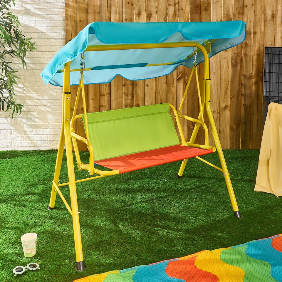 image 1 of OHS Kids 2 Seater Swing Bench Canopy Garden Outdoor Patio Play Set | Multi