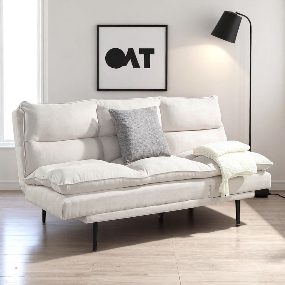 image 1 of Sennen Cushion Padded Fabric 3 Seater Large Single Clic-Clac Sofa Bed | Cream | Natural | Three Seater