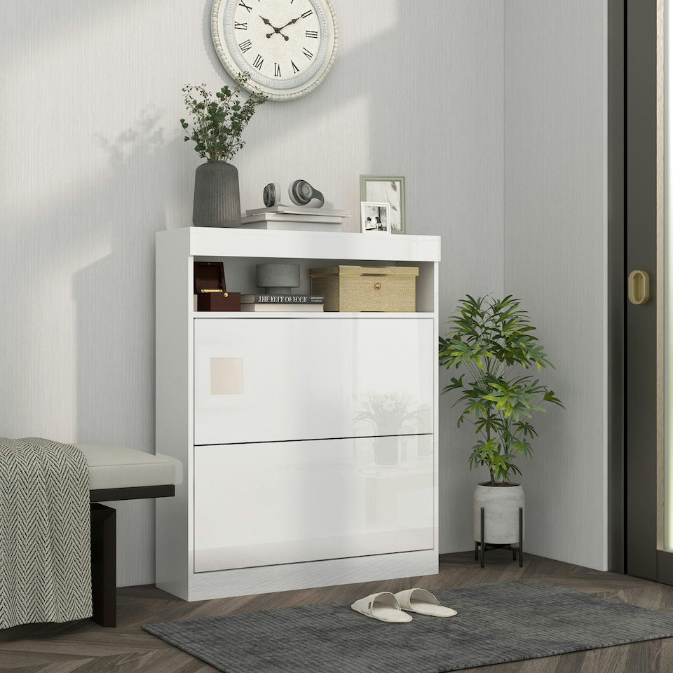 image 1 of HOMCOM Wall Mounted or Freestanding Shoe Cabinet with 2 Flip Drawers, White
