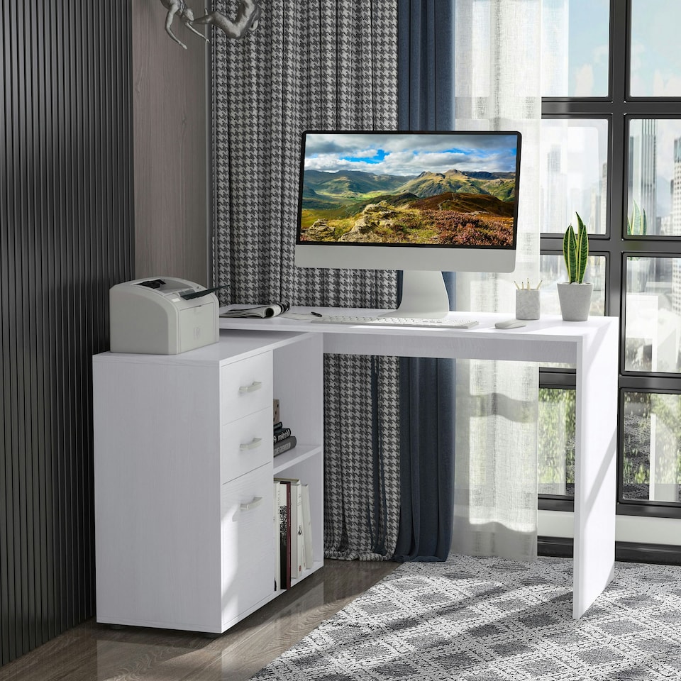 image 1 of HOMCOM Computer Desk Table Workstation L Shape File Cabinet White