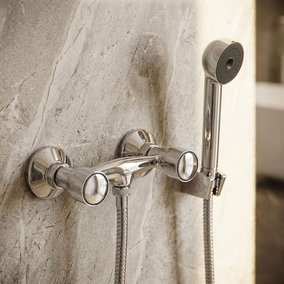 image 1 of Bathroom Wall Mounted Chrome Plated Brass Mixer Shower Two Handles