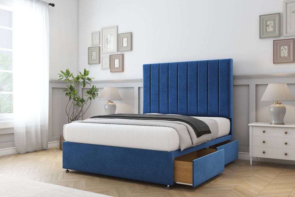 image 1 of Sloomy Kansas Navy Plush Divan Bed With Mattress 4 Drawers With 26" Strutted Headboard 4' Small Double | Blue | Navy | Small Double | 1