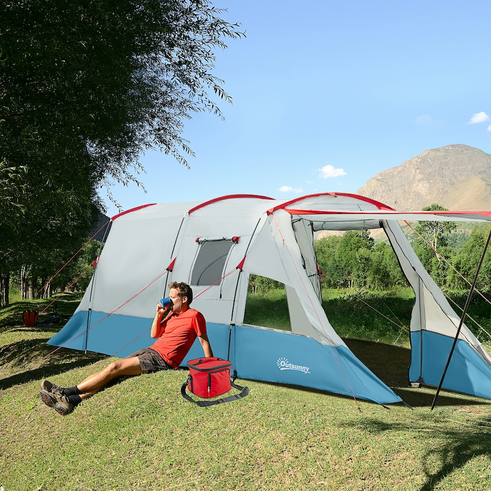 image 1 of Outsunny 6-8 Person Tunnel Tent, Two-room Camping Tent with Carry Bag, Grey