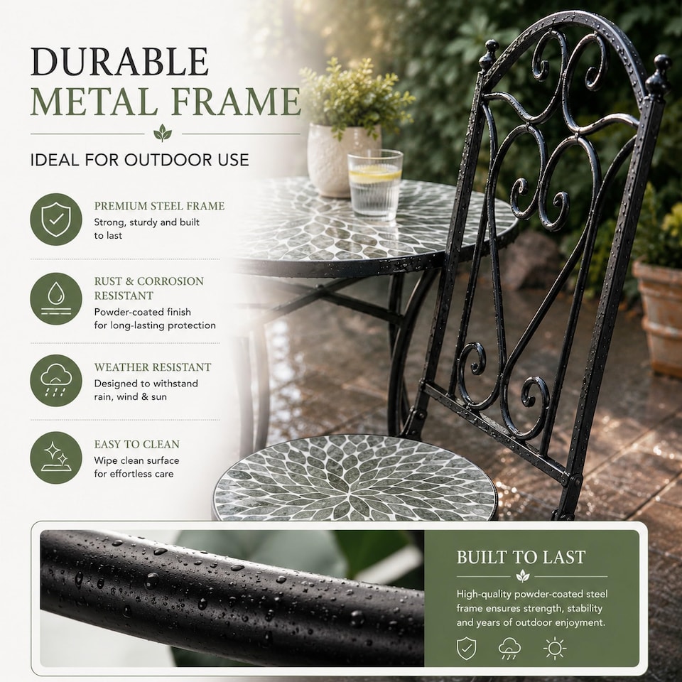 image 1 of Leaf Mosaic Bistro Set with Folding Chairs, Ceramic Top Outdoor Table and Two Seat Garden Furniture for Patio and Balcony