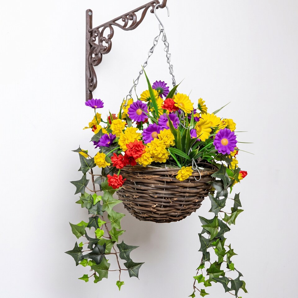 image 1 of Artificial Wildflower Flowers Rattan Hanging Basket Decoration Purple Yellow and Orange 25cm