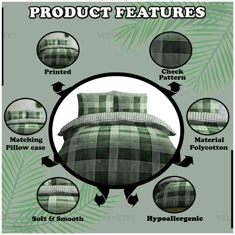 image 1 of VELVETIO Denim Check Printed Duvet Cover Set Reversible Polycotton Beddings Red | King