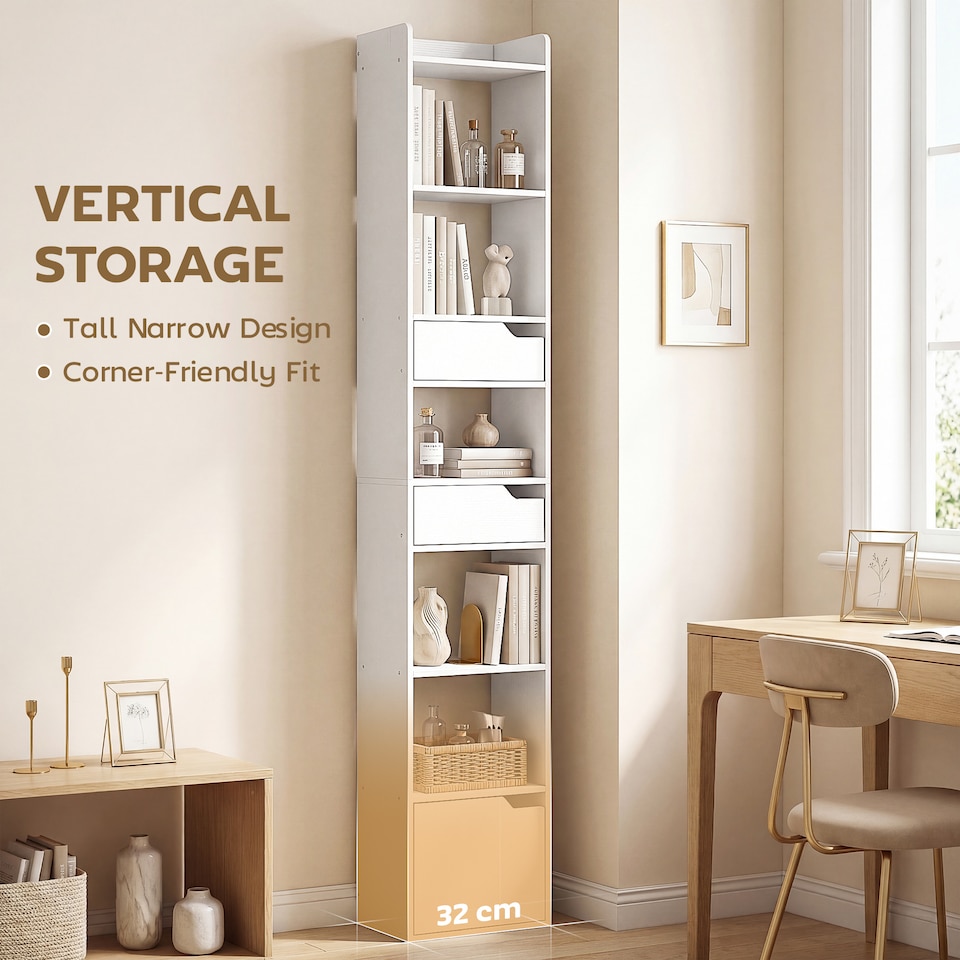 image 1 of HOMCOM Bookcase Tall Narrow with 5 Tiers Drawers