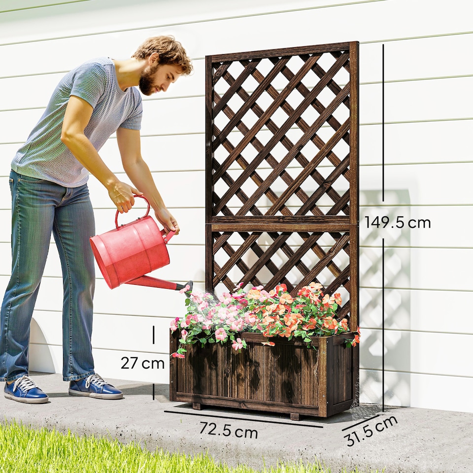 image 1 of (72.5 x 31.5 x 149.5 cm, Carbonised) Outsunny Wood Planter with Trellis