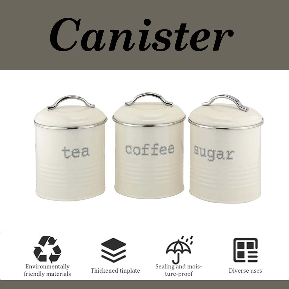 image 1 of Apollo Round Cream Kitchen Storage Canister Set of 3 Airtight Tea Coffee Sugar Containers Farmhouse Style Jars with Lids