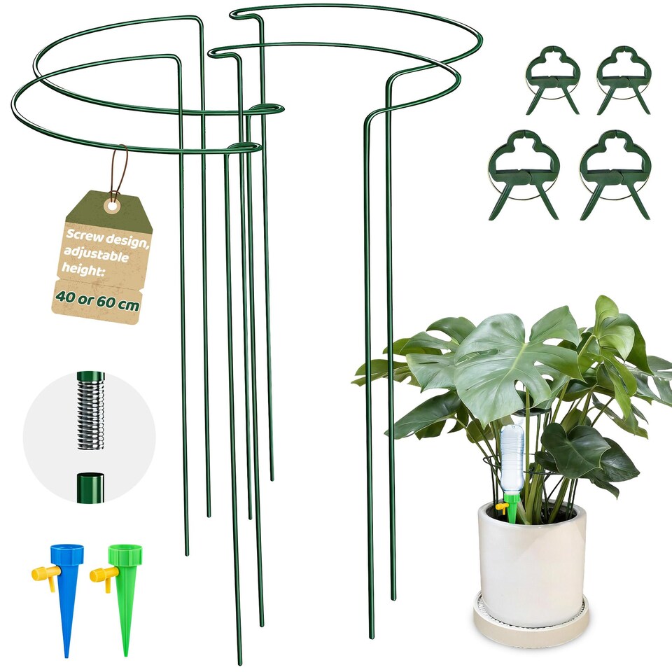 image 1 of 4 Pack Adjustable Plant Support Stakes Metal Half-Round Ring Cages with Self-Watering Sticks 25x60cm