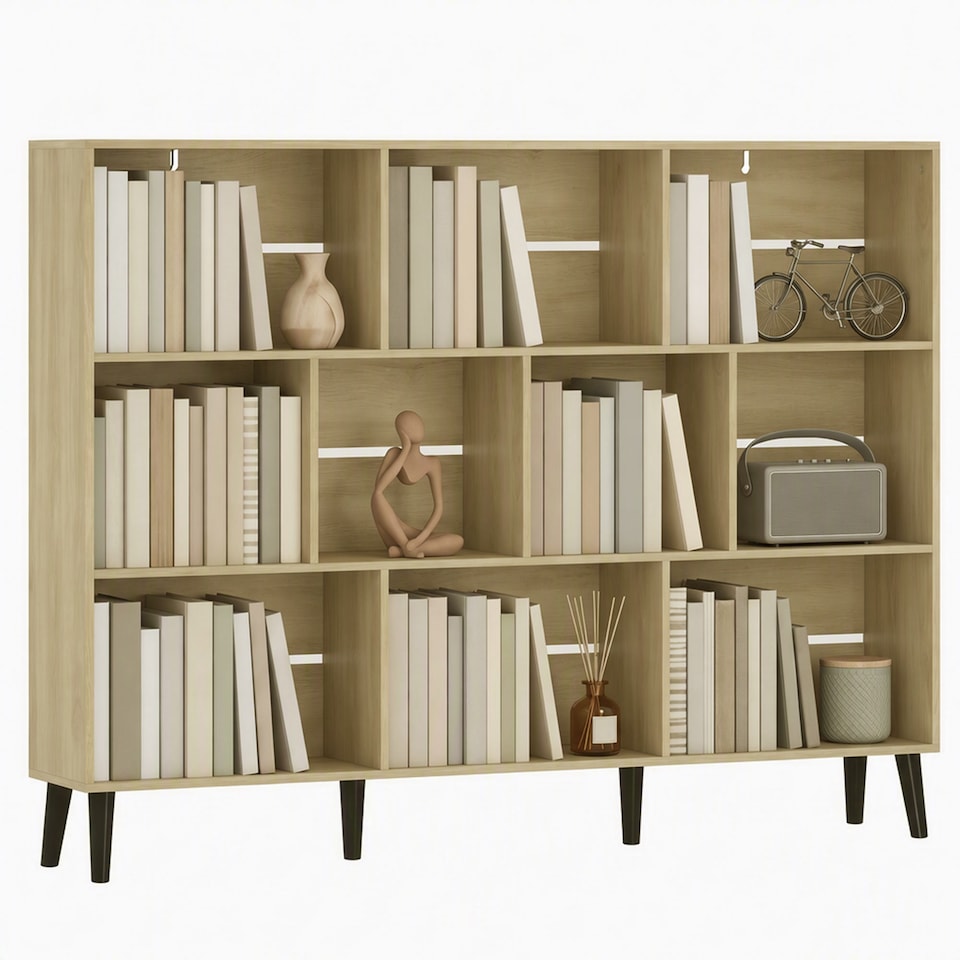image 1 of HOMCOM 3-Tier Bookshelf with 10 Cubbies, Book Shelf with Wood Legs