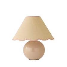 ValueLights Bosco Natural Stone Globe Ceramic Table Lamp with Linen Pink Trim Scallop Lamp Shade